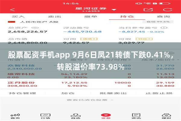 股票配资手机app 9月6日凤21转债下跌0.41%，转股溢价率73.98%